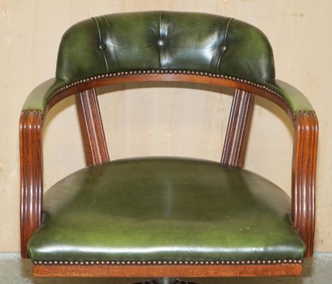 Vintage English Aged Green Leather Chesterfield Captains Chair for