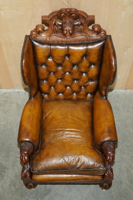 Large Antique Victorian Lion Carved Chesterfield Brown Leather