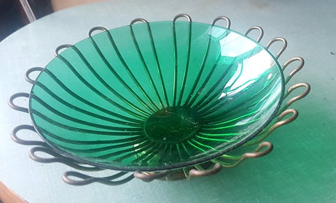 Green Glass Bowl with Brass Frame Vide Poche, 1950s for sale at Pamono