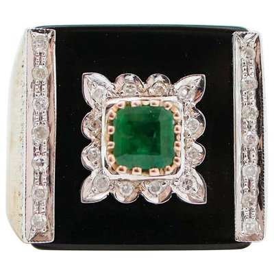 Onyx Emerald Diamonds 9 Karat Rose Gold Ring for sale at Pamono