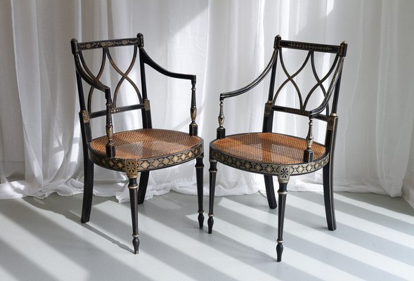 Regency Style Ebonized Cane Armchairs Set of 2