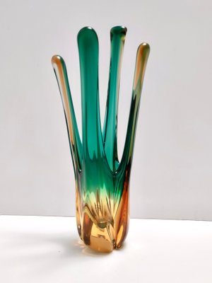 Vaso centrotavola vintage in vetro di Murano verde e ambra, Italia