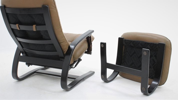 Ikea poang chair armchair and footstool set with black leather covers clearance