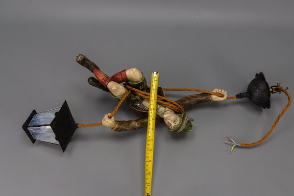 Pendant Light with Hand Carved Mountain Climber Sculpture and