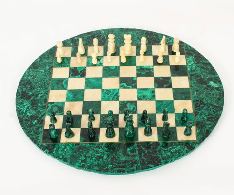 20th Century Malachite & Carrara Marble Chess Board, 1920s, Set of 33