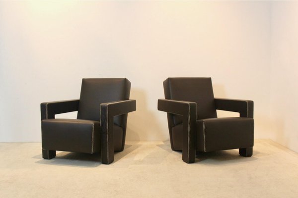 Set of Chocolate Brown Leather Utrecht Lounge Chairs by Gerrit