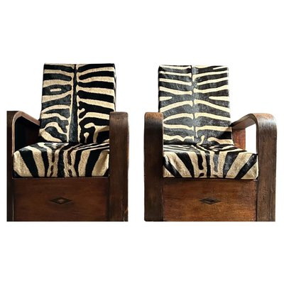 Art Deco Wooden Lounge Chairs with Folding Backs and Zebra Skin