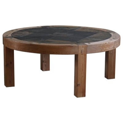 Large Danish Round Coffee Table in Pine Ceramic by Sallingboe 1970s