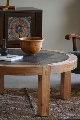 Large Danish Round Coffee Table in Pine Ceramic by Sallingboe 1970s