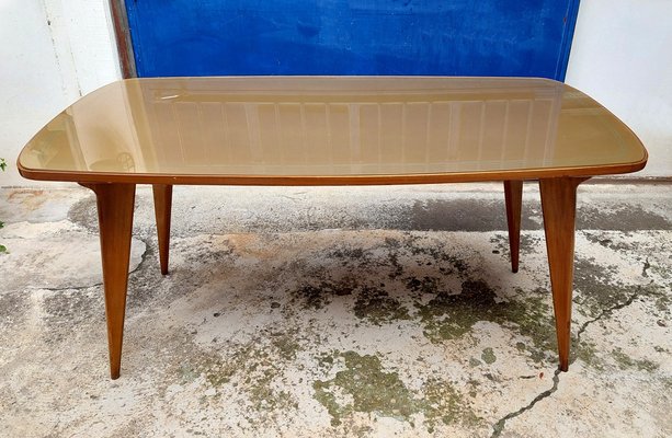 Wooden Dining Table with Colored Glass Top Italy 1950s