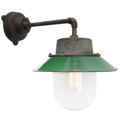 Vintage Industrial Clear Glass and Green Enamel Wall Light