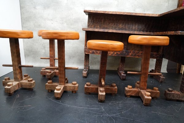 Vintage Brutalist Corner Bar with Stools 1950 Set of 6 for sale