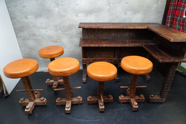 ホット商品 Vintage Brutalist Corner Bar with Stools, 1950, Set of 6 for スツール