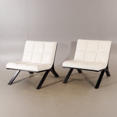 Lounge Chairs in White Leather Wood in the style of Roche Bobois