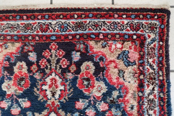 Tapis Persan Hamadan Ancien - Bleu Azur Laine Nouée Main Début XXe