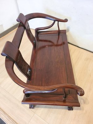 19世紀Carved Rosewood Settle Bench Chinese Carved Wooden Bench Seat, Late 19th Century for sale