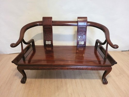 19世紀Carved Rosewood Settle Bench Chinese Carved Wooden Bench Seat, Late 19th Century for sale