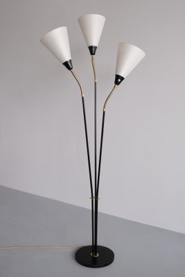 Three Arm Adjustable Floor Lamp In Brass Metal With Grey Black And White Shades Three Arm Adjustable Floor Lamp In Brass Metal With Grey Black And White Shades