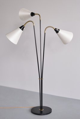Three Arm Adjustable Floor Lamp In Brass Metal With Grey Black And White Shades Three Arm Adjustable Floor Lamp In Brass Metal With Grey Black And White Shades