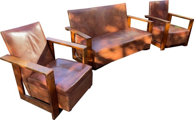 Modernist Lounge Chairs and Sofa in Oak and Leather by W.H. Russell for Gorgon Russell 1930 Set of 3
