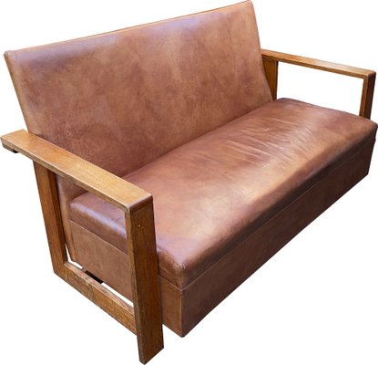 Modernist Lounge Chairs and Sofa in Oak and Leather by W.H. Russell for Gorgon Russell 1930 Set of 3