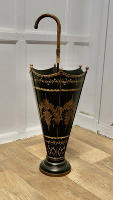 Italian Toleware Umbrella Stand Hand Painted Gold on Black, 1920s