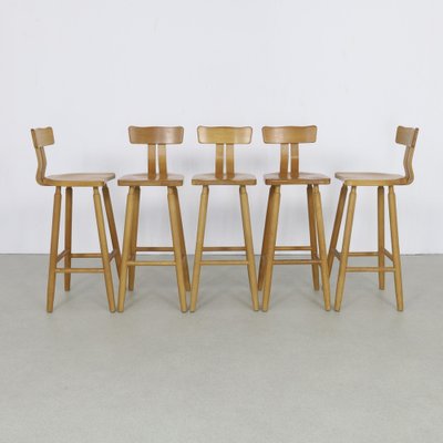 Bar Stools T Back in Oak 1970s Set of 5