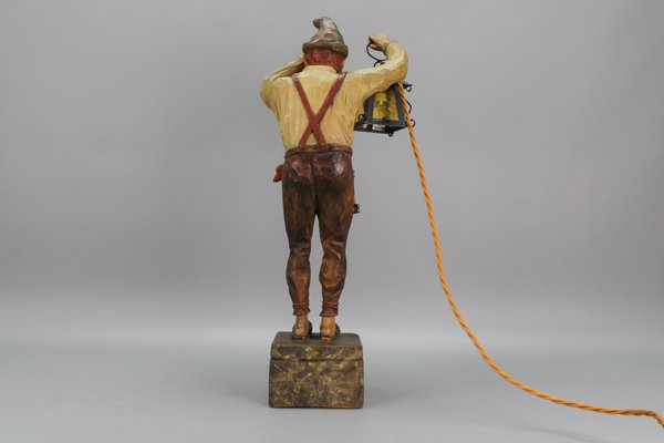 Large Hand-Carved Wooden Sculpture Man with a Lantern, 1930s for