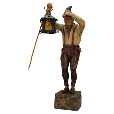 Large Hand-Carved Wooden Sculpture Man with a Lantern, 1930s for