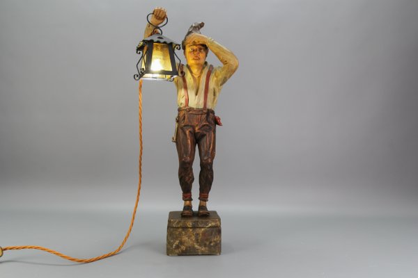 Large Hand-Carved Wooden Sculpture Man with a Lantern, 1930s for