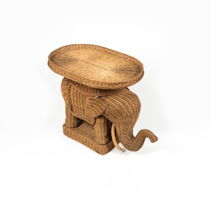Superbe Table D'appoint éléphant En Rotin Et Osier Avec Plateau France Années 60