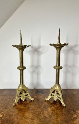 Large Antique Brass Pricket Candlesticks, 1900, Set of 2