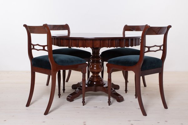 Biedermeier Round Dining Table and Chairs, 19th Century, Set of