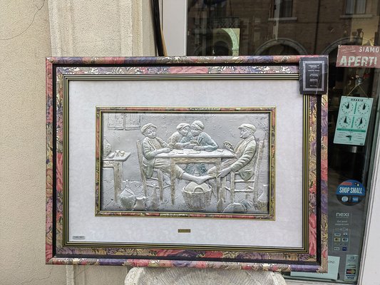 Card Game Bas-Relief on 925 Silver Plate by P. Valenti, 1950s for