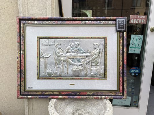 Card Game Bas-Relief on 925 Silver Plate by P. Valenti, 1950s for