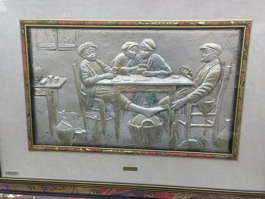 Card Game Bas-Relief on 925 Silver Plate by P. Valenti, 1950s for