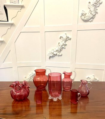 Antique Victorian Cranberry Glass Items, 1880, Set of 7 for sale