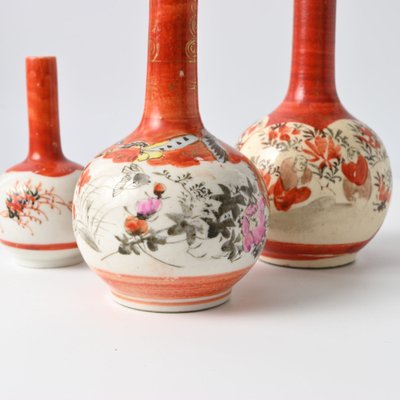Antique Japanese Kutani Ware Porcelain Vase, 1890s, Set of 3