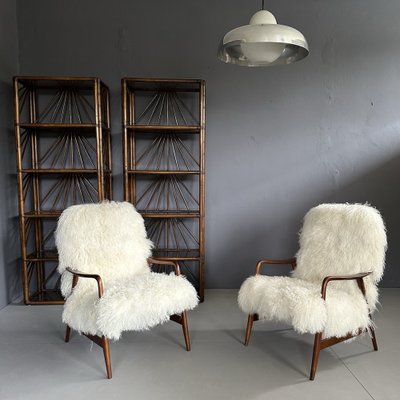 Set of Danish Teak Lounge Chairs with Mongolian Goat Hair