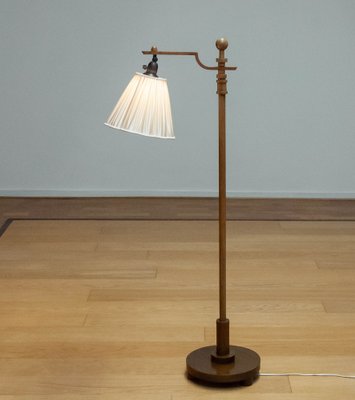 Swedish Art Deco Walnut Floor Lamp with Silk Satin Shade 1930s