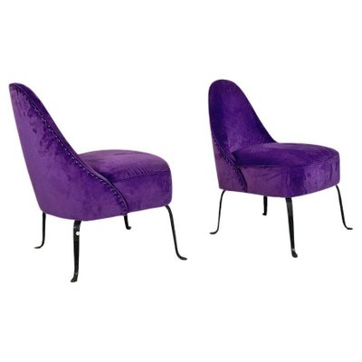 Italian Padded Armchairs in Purple Velvet and Curved Metal 1950s Set of 2