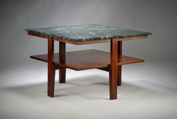 Mid-Century Modern Verde Alpi Marble & Mahogany Side Table, 1990s
