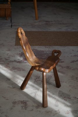 Antique French Wabi Sabi Style Carved Wood Tripod Chair, 1900s for