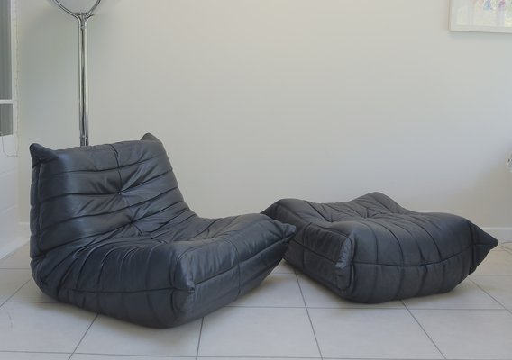 Togo Lounge Chair and Footstool in Black Leather by Michel Ducaroy for Ligne Roset 1990s Set of 2