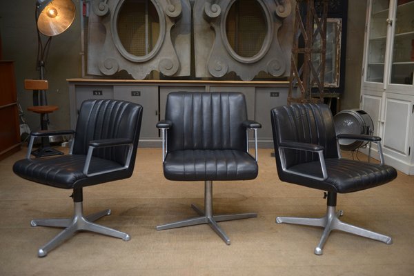 Metal Swivel Leather Office Chairs 1970s Set of 3