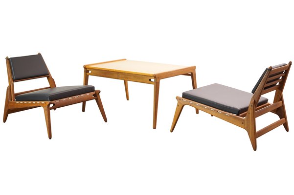 Hunting Chairs with Table by Heinz Heger for PGH Erzgebirgisches Kunsthandwerk Annaberg Buchholz former GDR 1960s Set of 3