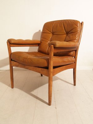 Swedish Rosewood Armchair With Brown Leather Pillows From Gote
