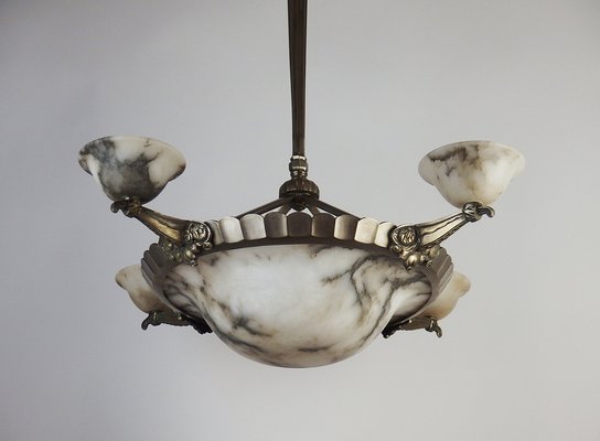 Art Deco Chandelier in Bronze and Alabaster 1920s for sale at Pamono