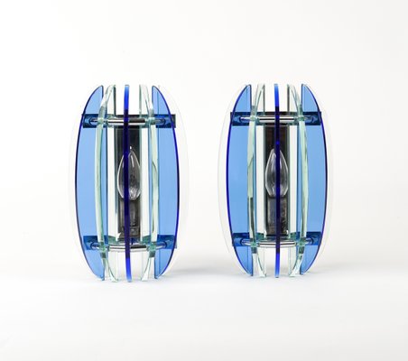 Mid Century Wall Sconces in Colored Glass Chrome attributed to