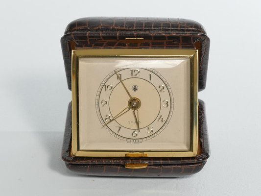 Travel Alarm Clock in Brass and Faux Snakeskin from G.W., Germany